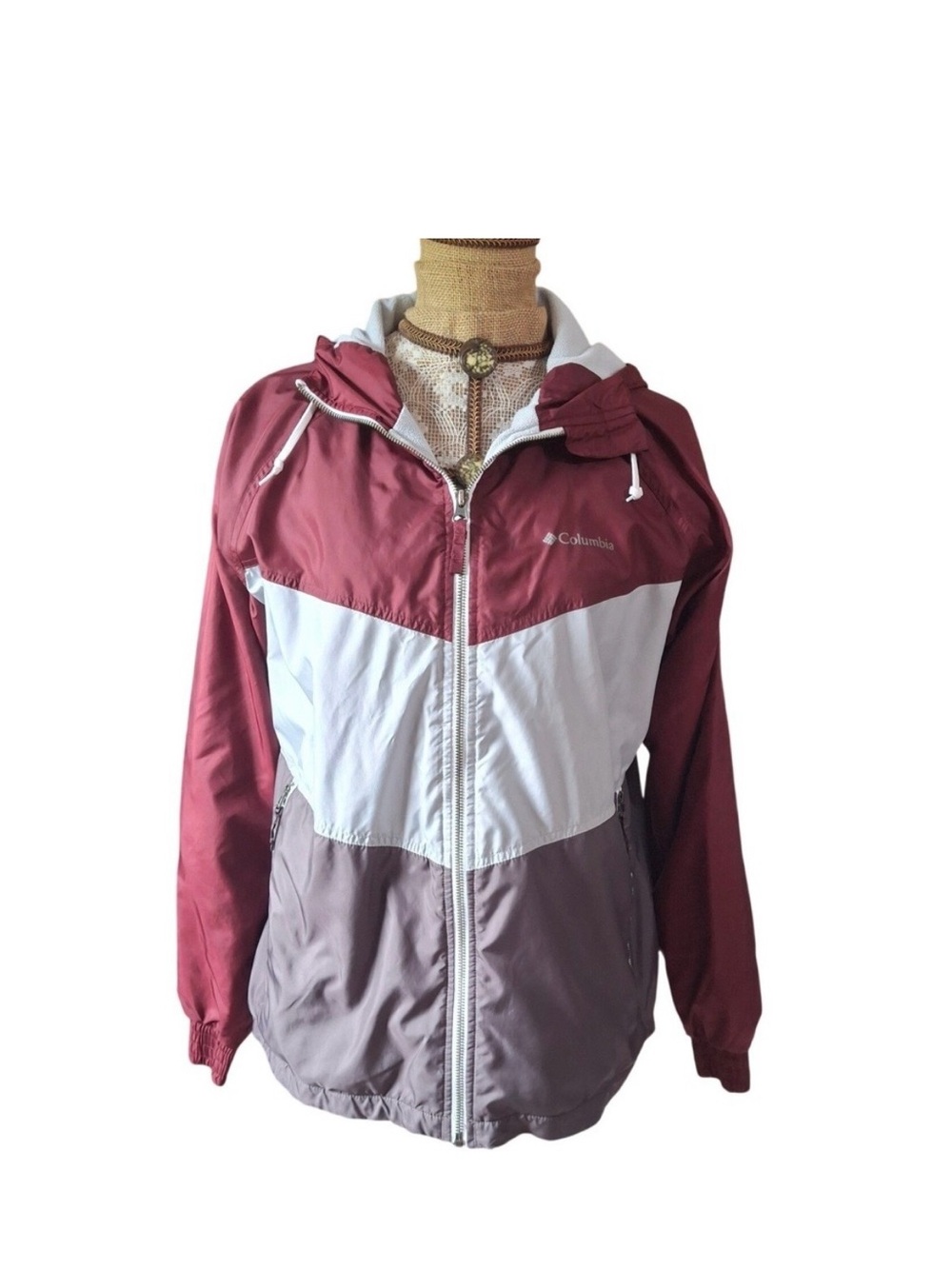 Columbia Womens Hooded Colorblock Windbreaker Jacket Burgundy White Mauve